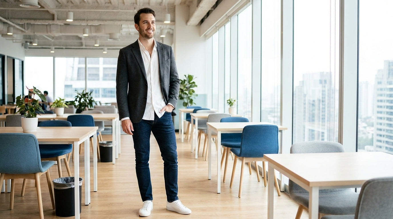 A confident man in a charcoal blazer