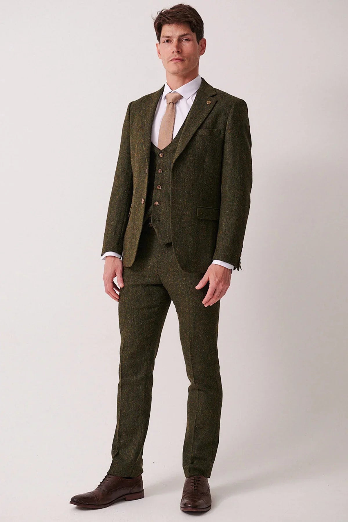 3-teiliger Herrenanzug Tweed Dean Olive – Marc Darcy