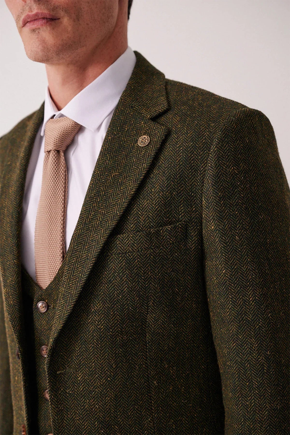 3-teiliger Herrenanzug Tweed Dean Olive – Marc Darcy
