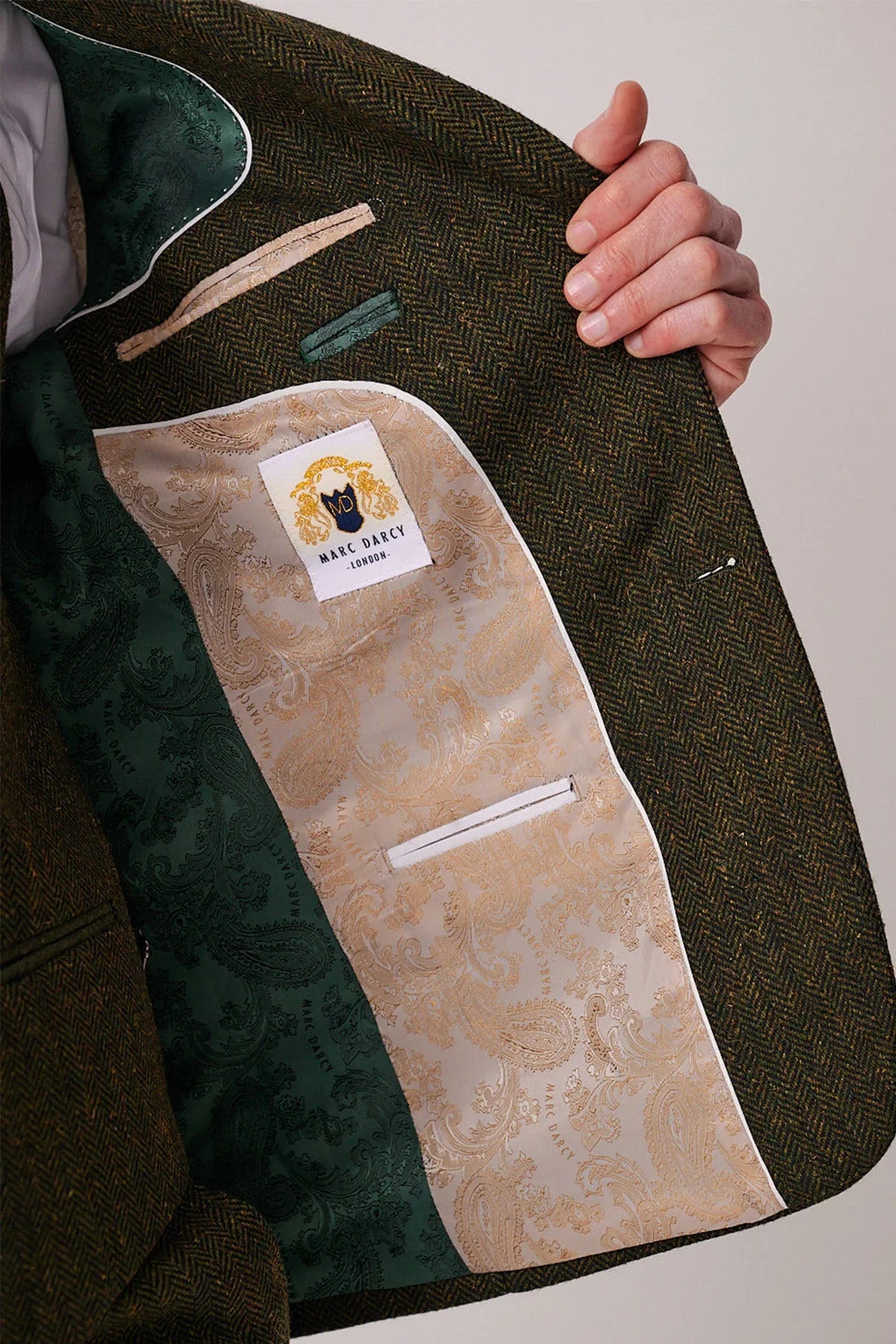 3-teiliger Herrenanzug Tweed Dean Olive – Marc Darcy