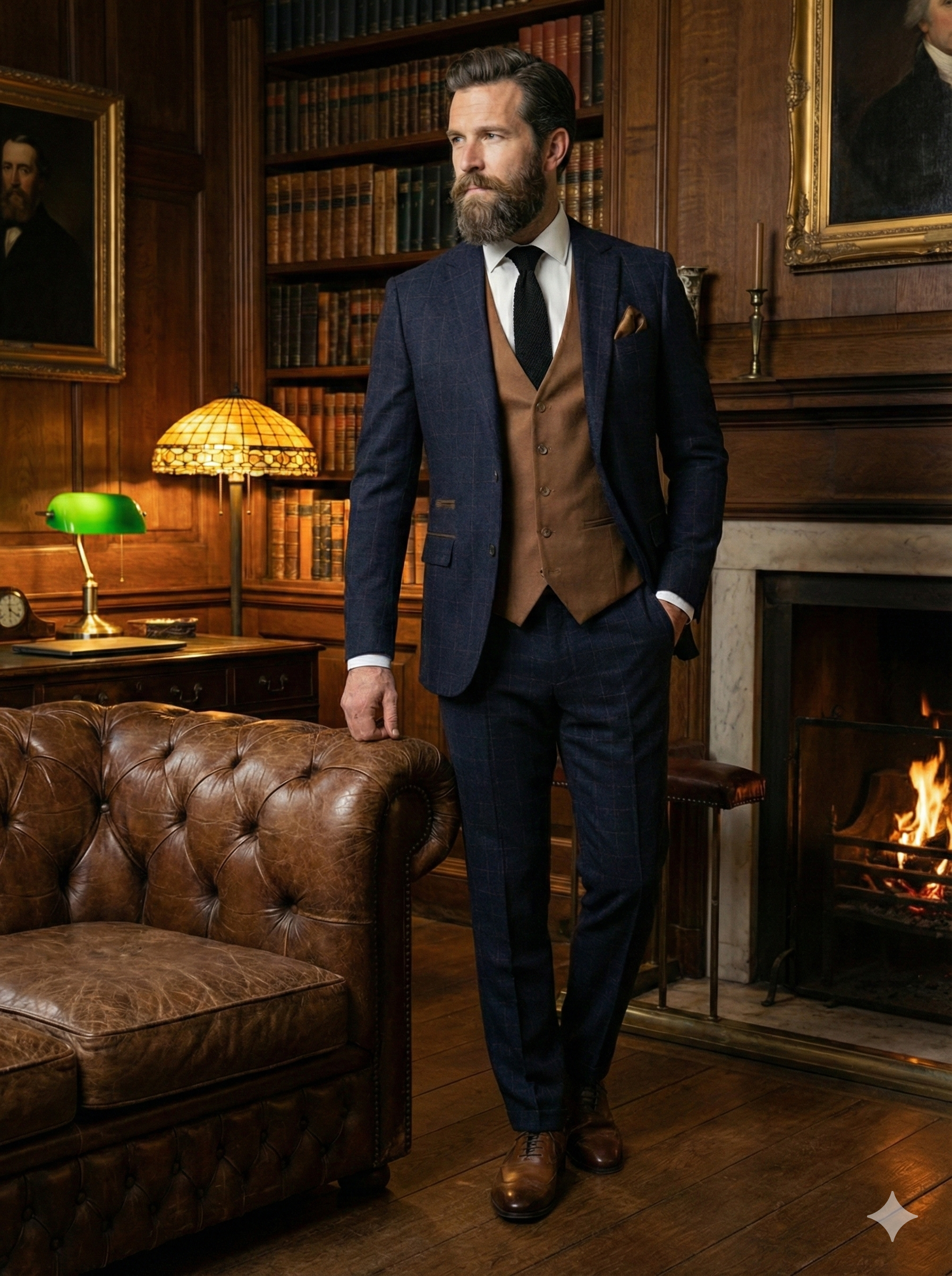 CASTLESON Admiral – Dreiteiliger Herrenanzug Karo Navy/Tan