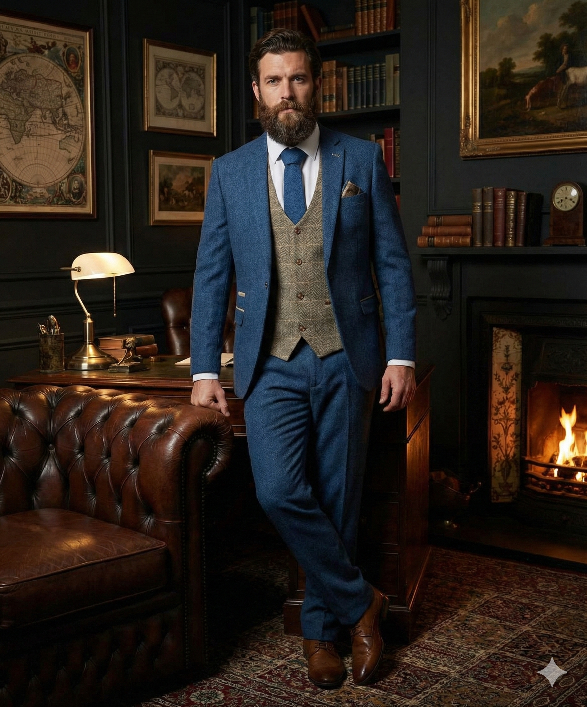 Dreiteiliger Anzug Blau/Braun Fischgrätmuster - driedelig