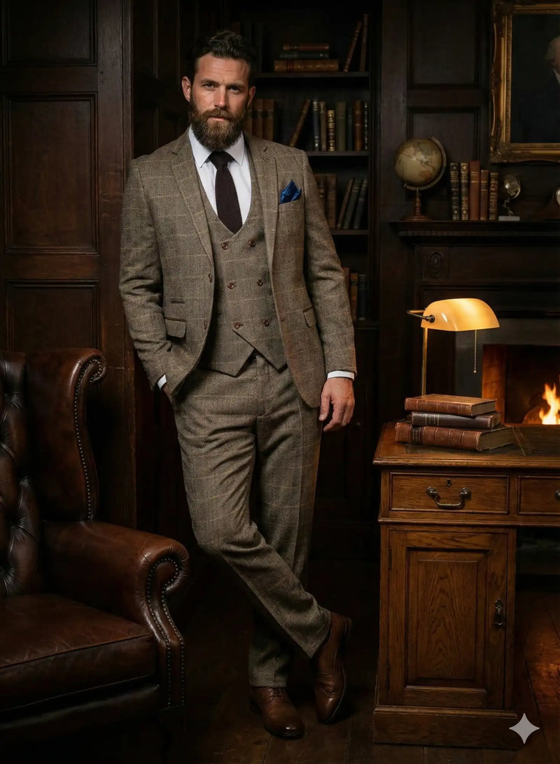 Dreiteiliger Anzug zweireihig Fischgrätmuster Braun Classic