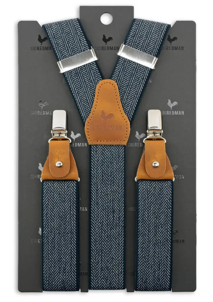 Luxe Hosenträger handgemacht Fischgrätenmuster Blau