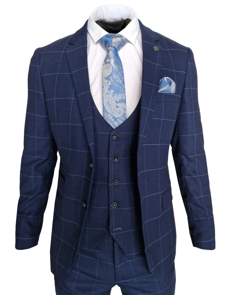 Marineblauer Herrenanzug - 3 - teiliger karierter Anzug